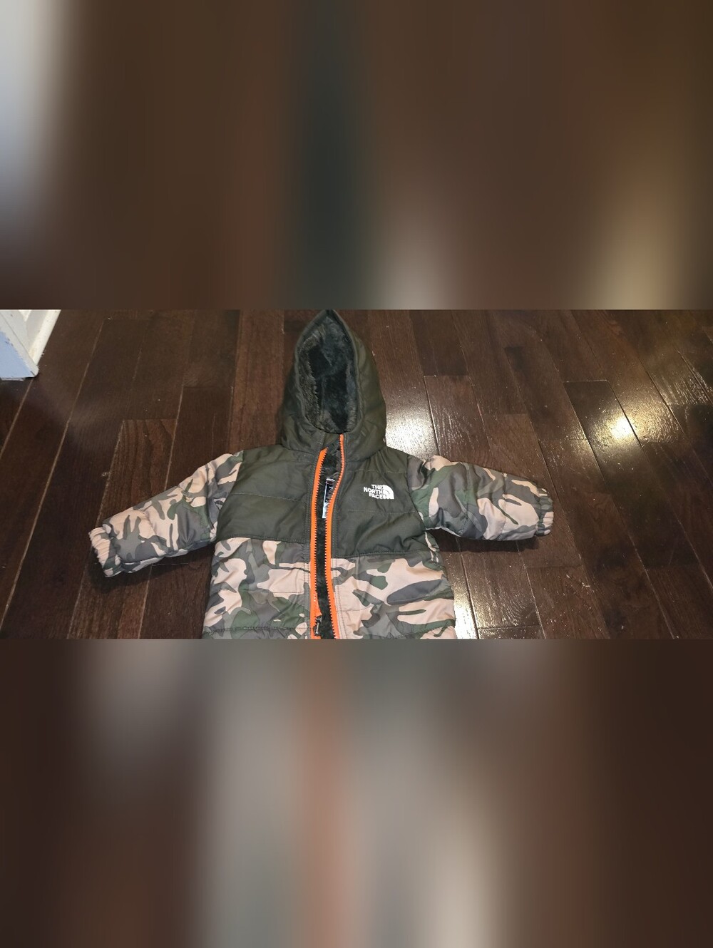 The North Face Kids Hooded Puffer Jacket -Camo with Orange Trim Reversable